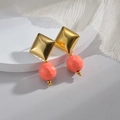 14K gold plated square stud earrings with faceted pink beads in a geometric drop style - Orange Red