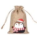 Christmas burlap drawstring bag with festive cartoon penguin print for gift packaging - Skiing Penguin F-07 / 10*15cm