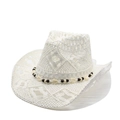 White hollow woven western cowboy straw hat with cowrie shell beaded band for sun protection - M(56-58cm) / White