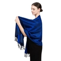 Luxury blue paisley jacquard pashmina shawl with fringe details shown on model - Bright Blue Paisley (T003-108)