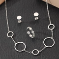 Minimalist silver geometric jewelry set with necklace, earrings and ring on black leather - Silver