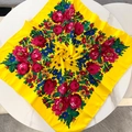 Vintage floral square scarf in yellow with red roses and ethnic Russian pattern style - 70x70cm / Yellow