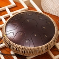 Dark brown steel tongue drum with natural woven rope edge and numbered music notes - 13 Inch 15 Notes - Bronze - Maple Leaf