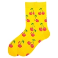 Yellow cotton blend mid-tube socks featuring a vibrant red cherry pattern print - 38-46 / Yellow Base Cherry Pattern (1064D)