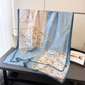 Detailed view of floral silk scarf showing premium stitching and elegant blue border - 180*80cm / Deep Blue Bamboo Floral