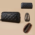 Black quilted faux leather wallet for women with dual gold zippers and multiple card slots - Black