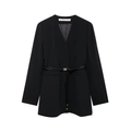 Primer plano de blazer negro con cuello en V, cinturón de lazo y tejido liso - XS / Negro