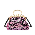 Sequin shell clutch handbag in black with pink abstract patterns and gold ring handles - Rose Pink