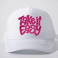 Witte trucker pet met roze Take it Easy print en verstelbare mesh achterkant - Wit