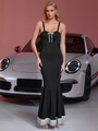 Sleeveless black bodycon dress with a white bow and fishtail hem for a chic look - XS / Black