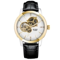 BYINO automatic mechanical watch with gold bezel, white skeleton dial and black leather strap - Two-tone Gold White Dial (Black Leather Strap)