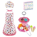 Kids baking chef set with cupcake apron, hat, pink tiered dessert stand and play food - 18-Piece Cupcake Baking Set With Stand