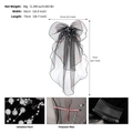 Detail view of black bridal veil showing dimensions, pearl beads and ribbon bow clip - Pearl Decorated Style (HS-J7175BLK) / Black