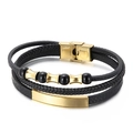 Bracciale multistrato in pelle intrecciata da uomo con barra in acciaio dorato e perline - 21cm Oro Kb149657-klhq