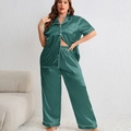 Women's dark green satin pajama set with short-sleeve button top and long pants - 1XL / Top And Bottom / Green