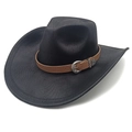 Dettaglio cappello cowboy nero con trama intrecciata e cinturino in pelle marrone e fibbia - M(56-58cm) / A Righe Nero