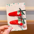Christmas hair clips set with red felt, colorful pom-poms, and green ribbon bow - Red Hairball Clip 983 / 2 Pcs/Set