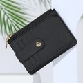Slim black PU leather multi-slot card holder with zipper coin pocket and gold snap button - Black