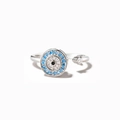 Anillo giratorio mal de ojo de plata 925 con circón azul y banda abierta ajustable - Talla 7 Ajustable / Oro Blanco