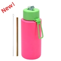 1L vacuum insulated stainless steel sports bottle in rose pink with green lid - 1 L / Pop-up Straw Lid / Fluorescent Green + Fluorescent Rose