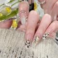 Faux ongles imprimé léopard de luxe avec effet œil de chat et cristaux brillants - M / 10 Pièces / Perle d'Or Léopard (BY2034)