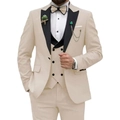 Men's ivory three-piece wedding suit with black peak lapel jacket, vest, and trousers - XXS / Beige