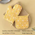 Thickened yellow plaid cotton linen oven mitt and pot holder set for kitchen heat resistance - Glove and Pot Holder / Yellow Diamond