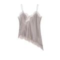 Detail of grey satin camisole featuring delicate lace trim and asymmetric hem design - Light Gray