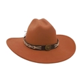 Classic tan wool fedora cowboy hat with wide brim and metal bull emblem decoration - Khaki