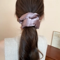 Dusty pink satin polka dot scrunchie shown on a ponytail with lace details - Dusty Pink Satin (45#)