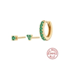 Detail of three-piece 925 silver earring set with emerald green stones and gold plating - Gold - Green Zirconia
