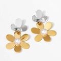 Orecchini a fiore bicolore oro e argento con perla bianca centrale da donna - Oro e Argento (SD2958)