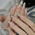 Elegant nude press-on nails with silver glitter gradient and sparkling rhinestones - By1550 Jade Burial Suit / Glue Type