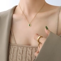Elegant gold square green gemstone pendant necklace and textured wide band ring set - Gold/Green