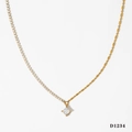 Elegant gold-plated dual-chain necklace with square zircon pendant and mixed bead links - Gold Necklace (D1234)