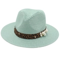 Detail of mint green straw hat featuring leopard print band with faux pearls and flowers - Mint Green
