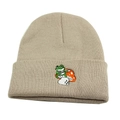 Beige knit beanie featuring a detailed frog and mushroom embroidery on the cuffed brim - One Size / Beige
