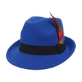 Navy blue wool fedora hat with black ribbon band and feather detail for autumn and winter - Sapphire Blue