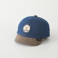 Detail of color-block denim toddler cap featuring bear embroidery and suede brim texture - Round Bear Patch / Khaki