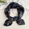 Navy blue floral cotton-linen scarf with delicate pink flower prints and stitched edges - Navy Blue Multi Flower