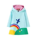 Light blue long-sleeve hooded girl dress with rainbow and bird embroidery detail - 3T/Recommended Height 90-95cm / Bottom - Light Blue Rainbow Sun (7284) / Light Blue Rainbow Sun (7284)
