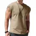 Men's loose khaki sleeveless cotton tank top with crew neck and drop shoulder design - Khaki