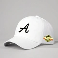 White cotton baseball cap with black letter A embroidery and Los Angeles side patch - White