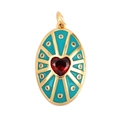 Ovaler Goldanhänger mit rotem Herz-Edelstein, türkisem Emaille und Zirkonia-Akzenten - Cyan-Oval Herz Radialmuster