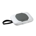 Portable white wet wipe dispenser with grey lid and black hanging strap for car travel - Gray