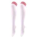 Detail of white over-the-knee socks featuring three red athletic stripes on knitted fabric - One Size / White with Red Stripes