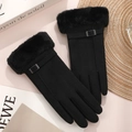 Warm black plush winter gloves for women featuring a faux fur cuff and metal buckle accent - Single Line Fur Cuff / Black