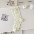 White hollow-out pattern crew socks for women, sheer breathable mesh style on desk - One Size / Large Polka Dot Milky White