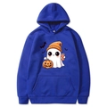 Deep blue Halloween hoodie featuring a cute ghost with pumpkin print for autumn wear - Blue