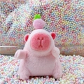 Cute pink plush piglet keychain with green leaf and fuzzy ball charm on pastel beads - Pink Peach Style + Bead Chain
